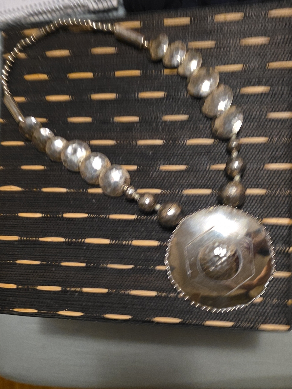 Vintage Silver-Tone Statement Necklace with Round Metal Pendant